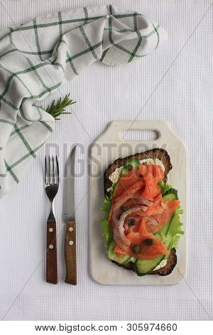 Big Tasty Smorrebrod With Salmon, Green Vegatbles, Onion, Capers, Cucumber, White Cheese, Pepper And