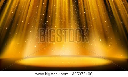 Empty Golden Scene With A Dark Background, Place Lit By Bright Golden Spotlight, Shiny Sparkling Par
