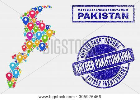 Vector Bright Mosaic Khyber Pakhtunkhwa Province Map And Grunge Seals. Abstract Khyber Pakhtunkhwa P