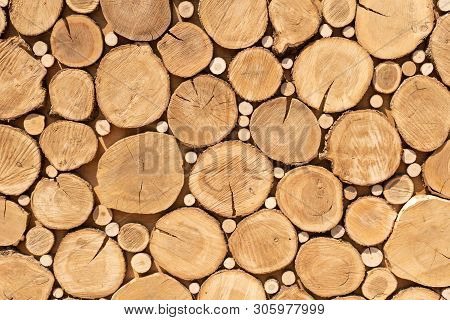 Log Cuts Close Up. Stack Of Logs. Close Up. Logs Cuts Prepared For Fireplace. Woodpile. Saw Cuts Des