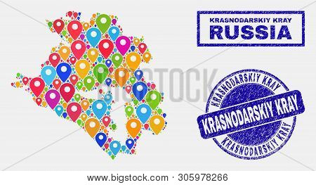 Vector Colorful Mosaic Krasnodarskiy Kray Map And Grunge Stamp Seals. Abstract Krasnodarskiy Kray Ma