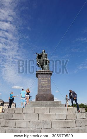 Stockholm, Sweden - June 10, 2019: Statue Of The Swedish King Gustaf Iii Located At The Skeppsbron S