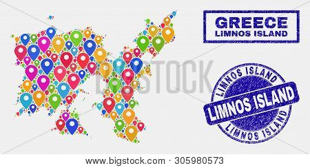 Vector Bright Mosaic Limnos Island Map And Grunge Stamps. Abstract Limnos Island Map Is Formed From 