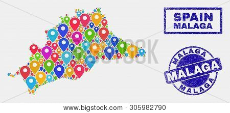 Vector Colorful Mosaic Malaga Province Map And Grunge Seals. Abstract Malaga Province Map Is Created