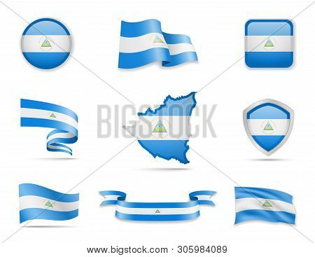 Nicaragua Flags Collection. Vector Illustration Set Flags And Outline Of The Country.