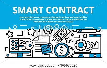 Smart Contract Banner. Outline Illustration Of Smart Contract Vector Banner For Web Design