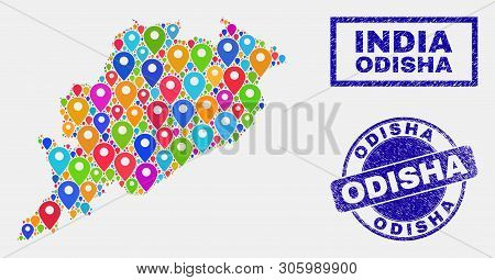 Vector Bright Mosaic Odisha State Map And Grunge Seals. Flat Odisha State Map Is Designed From Rando