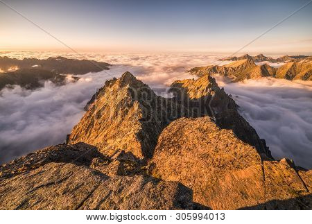 Mountains Landscape With Inversion In The Valley At Sunset As Seen From Rysy Peak In High Tatras, Sl