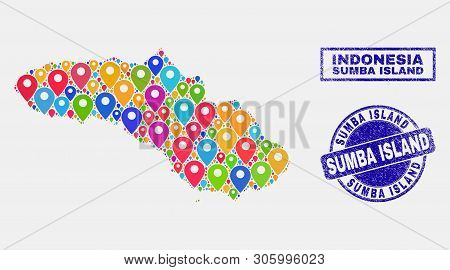 Vector Bright Mosaic Sumba Island Map And Grunge Seals. Flat Sumba Island Map Is Designed From Rando