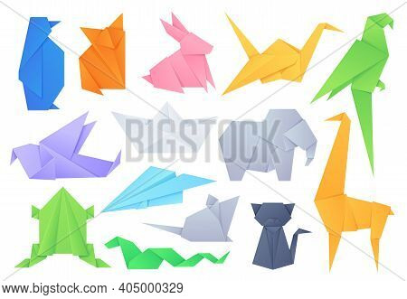 Origami Animals. Geometric Folded Shapes For Japanese Game Paper Boat And Plane, Crane, Birds, Cat, 