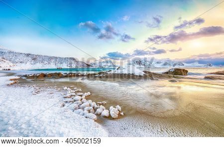Fabulous Winter Scenery With Haukland Beach During Sunset And Snowy  Mountain Peaks Near Leknes.  Lo