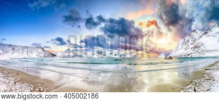 Fabulous Winter Scenery With Haukland Beach During Sunset And Snowy  Mountain Peaks Near Leknes.  Lo
