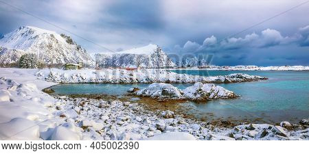 Spectacular Snowy Winter Scene Of  Valberg Village With Snowy  Mountain Peaks On Lofoten Islands.  L