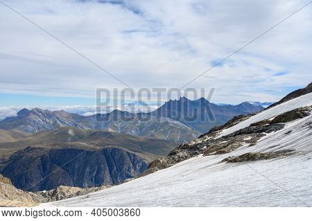 View On Mountain Mont Blanc From Glacier Near Ski Station Les Deux Alpes, Franch Alps In Summer, Ise