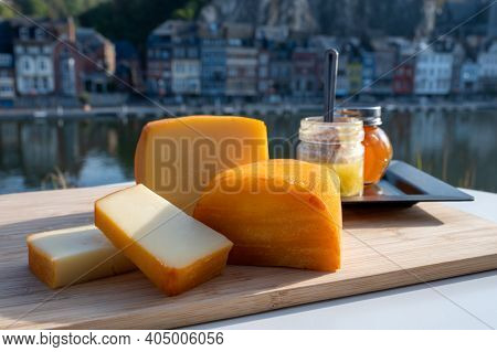 Cheese Collection, Tasty Belgian Abbey Cheeses Made With Brown Trappist Beer And Fine Herbs And View