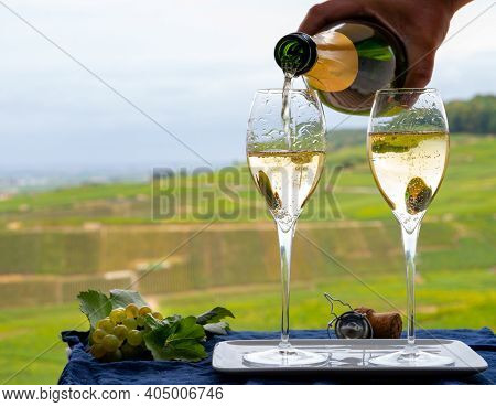Tasting Of French Sparkling White Wine With Bubbles Champagne On Outdoor Terrace With View On Green 