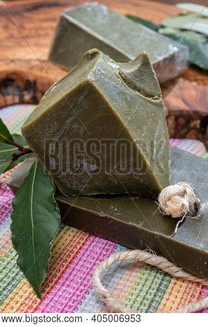 Green Blocks Of Handmade Bio Vegetal Laurel Bay Leaf Soap From Provence, France