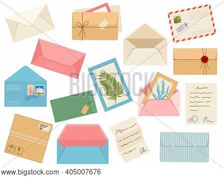 Letters, Cards And Envelopes. Postcard, Paper Mail With Postmark, Wax Sealing And Postage Stamp, Not