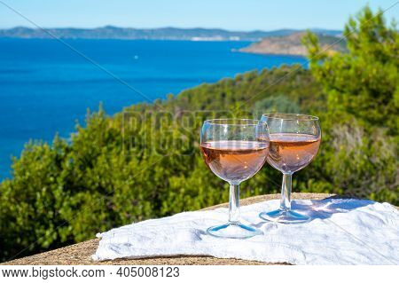 Picnic With Of Local Rose Wine And Blue Mediterranean Sea On Background, Near Saint-tropez, Var, Pro