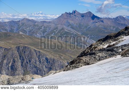 View On Icy Glacier Near Winter And Summer Sky Station Les Deux Alpes In Summer