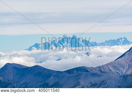 View On Mountain Mont Blanc From Glacier Near Ski Station Les Deux Alpes, Franch Alps In Summertime,