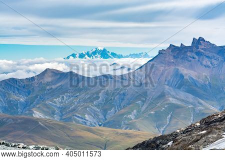 View On Mountain Mont Blanc From Glacier Near Ski Station Les Deux Alpes, Franch Alps In Summertime,