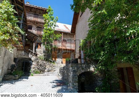 Small Medieval Village Venosc In French Alps, Ecrins Mountain Range, Isere, France