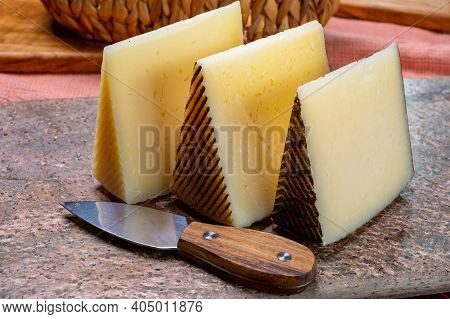 Cheese Collection, Pieces Of Hard Spanish Manchego Curado, Viejo And Iberico Cheeses Close Up