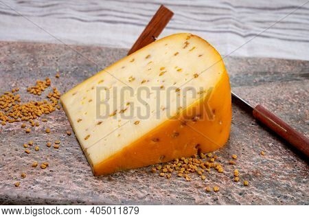 Cheese Collection, Piece Of Hard Yellow Dutch Gouda Cheese With Dried Fenugreek Seeds Close Up