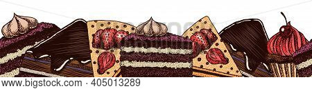 Piece Of Cake. Cream Tarts Stickers. Fruit Desserts Label. Chocolate Sweet Food. Hand Drawn Vintage 