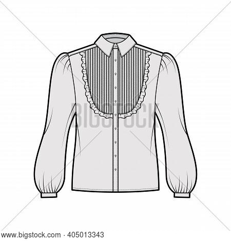 Blouse Tuxedo Technical Fashion Illustration With Long Bouffant Sleeves, Classic Collar, Pintucked B