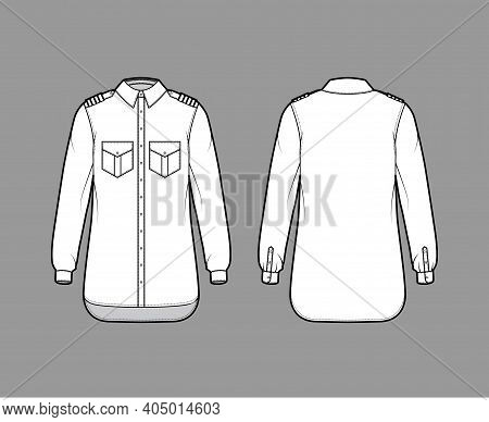 Shirt Pilot Airline Technical Fashion Illustration With Chevron, Long Sleeves With Cuff, Angled Flap