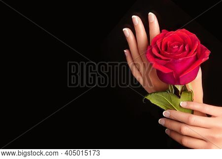 Beautiful Female Arms With Ideal French Manicure On Black Background. Care About Female Hands, Healt
