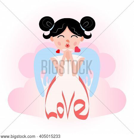 Angel Girl Sends Kisses Of Love. Cupid With Wings. Cute Vector Illustration In Flat Style.