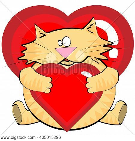 Ginger Cat With Valentine. A Kitten With A Heart Is Sitting.