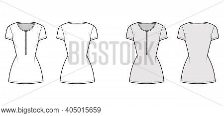 Shirt Dress Mini Technical Fashion Illustration With Henley Neck, Short Sleeves, Fitted Body, Pencil