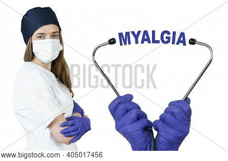 Health Care And Medicine Concept. The Doctor Is Holding A Stethoscope, In The Middle There Is A Text