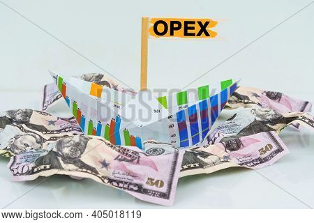 Business And Finance Concept. A Paper Boat From A Business Graph Floats On A Sea Of Money. The Text 