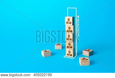 Blocks Tower Of People Symbolizes The Recruitment Of Team Members. Formation And Staffing Of The Pro