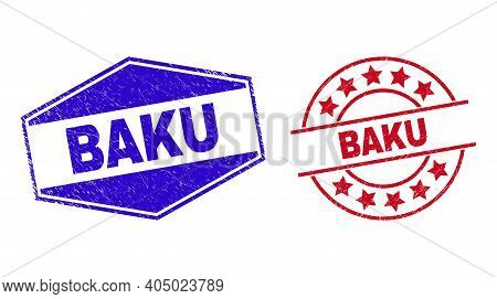 Baku Stamps. Red Rounded And Blue Expanded Hexagon Baku Seals. Flat Vector Distress Seal Stamps With