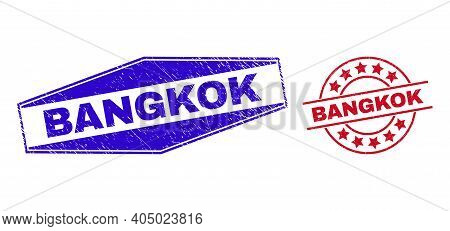 Bangkok Stamps. Red Rounded And Blue Flatten Hexagon Bangkok Rubber Imprints. Flat Vector Scratched 