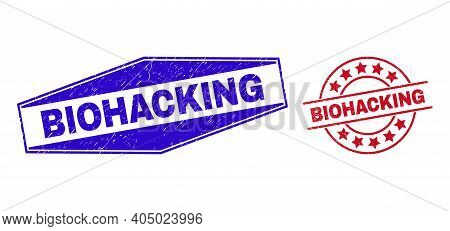 Biohacking Badges. Red Round And Blue Expanded Hexagonal Biohacking Seal Stamps. Flat Vector Texture