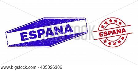 Espana Stamps. Red Circle And Blue Stretched Hexagonal Espana Stamps. Flat Vector Scratched Watermar