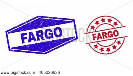 Fargo Stamps. Red Rounded And Blue Extended Hexagonal Fargo Seal Stamps. Flat Vector Grunge Seal Sta