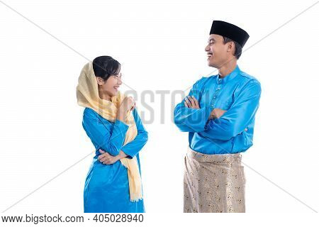 Man And Muslim Woman Talking Isolated Over White