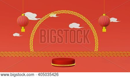 Red Podium With Golden Girdle Or Stage Background For Show Product Have Lamp And Clouds On Red And G