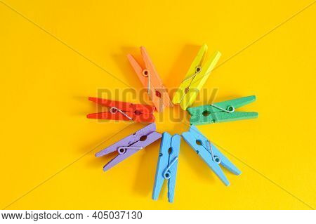 Mood-boosting Color Concept, Colorful Wooden Multi-colored Clothespins In The Shape Of A Flower On A