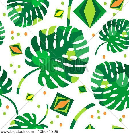 Seamless Tropical Pattern With Monsters Leaves And Gems. Vector Repeat Print, Rhombus, Green, Orange