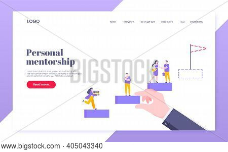 Business Mentor Helps To Improve Career And Holding Stairs Steps Vector Illustration. Mentorship, Up