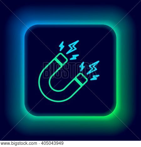 Glowing Neon Line Magnet With Lightning Icon Isolated On Black Background. Horseshoe Magnet, Magneti